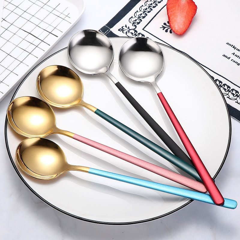 Amazon High Quality Small Metal Silverware Brass Gold Stainless Steel Plated Black Camping Long Handles Tea Dessert Coffee Spoon