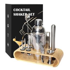 Professional Barware Tools Wooden Stand Travel Gift Stainless Steel Bartender Kit Bar Accessories Jigger Cocktail Shaker Set