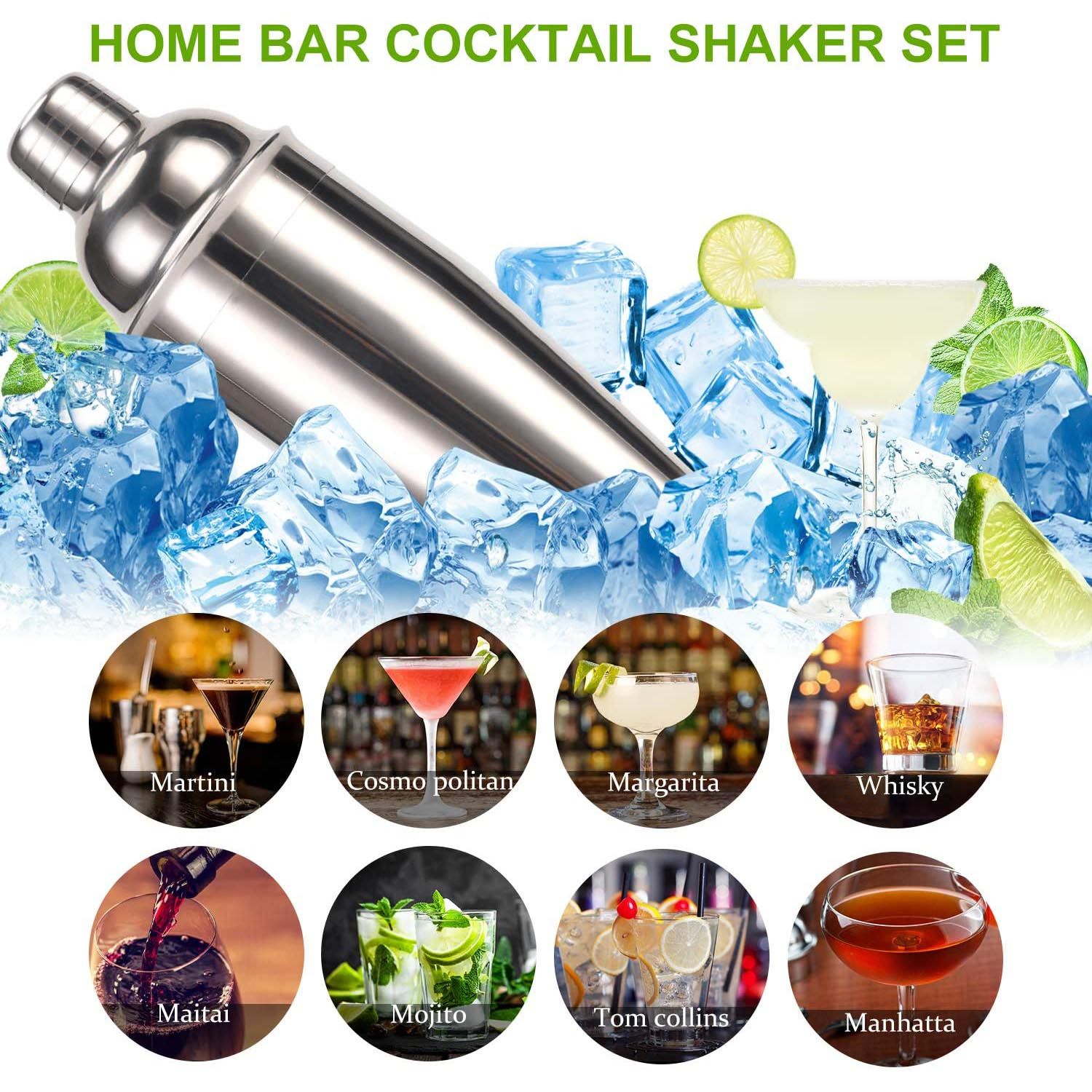 Professional Barware Tools Wooden Stand Travel Gift Stainless Steel Bartender Kit Bar Accessories Jigger Cocktail Shaker Set