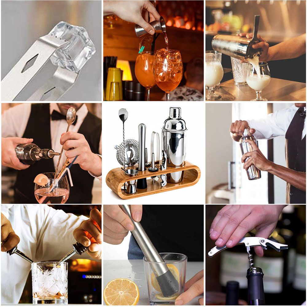 Professional Barware Tools Wooden Stand Travel Gift Stainless Steel Bartender Kit Bar Accessories Jigger Cocktail Shaker Set