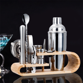 Top Seller Cocktail Shaker Set Stirrer Jigger Boston Bar Supplies Tools Stainless Steel Bartender Kit With Bamboo Stand