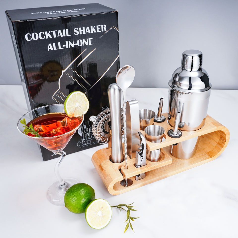 Top Seller Cocktail Shaker Set Stirrer Jigger Boston Bar Supplies Tools Stainless Steel Bartender Kit With Bamboo Stand