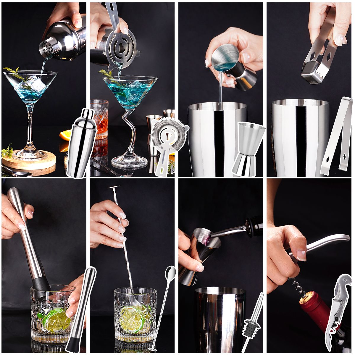 Top Seller Cocktail Shaker Set Stirrer Jigger Boston Bar Supplies Tools Stainless Steel Bartender Kit With Bamboo Stand