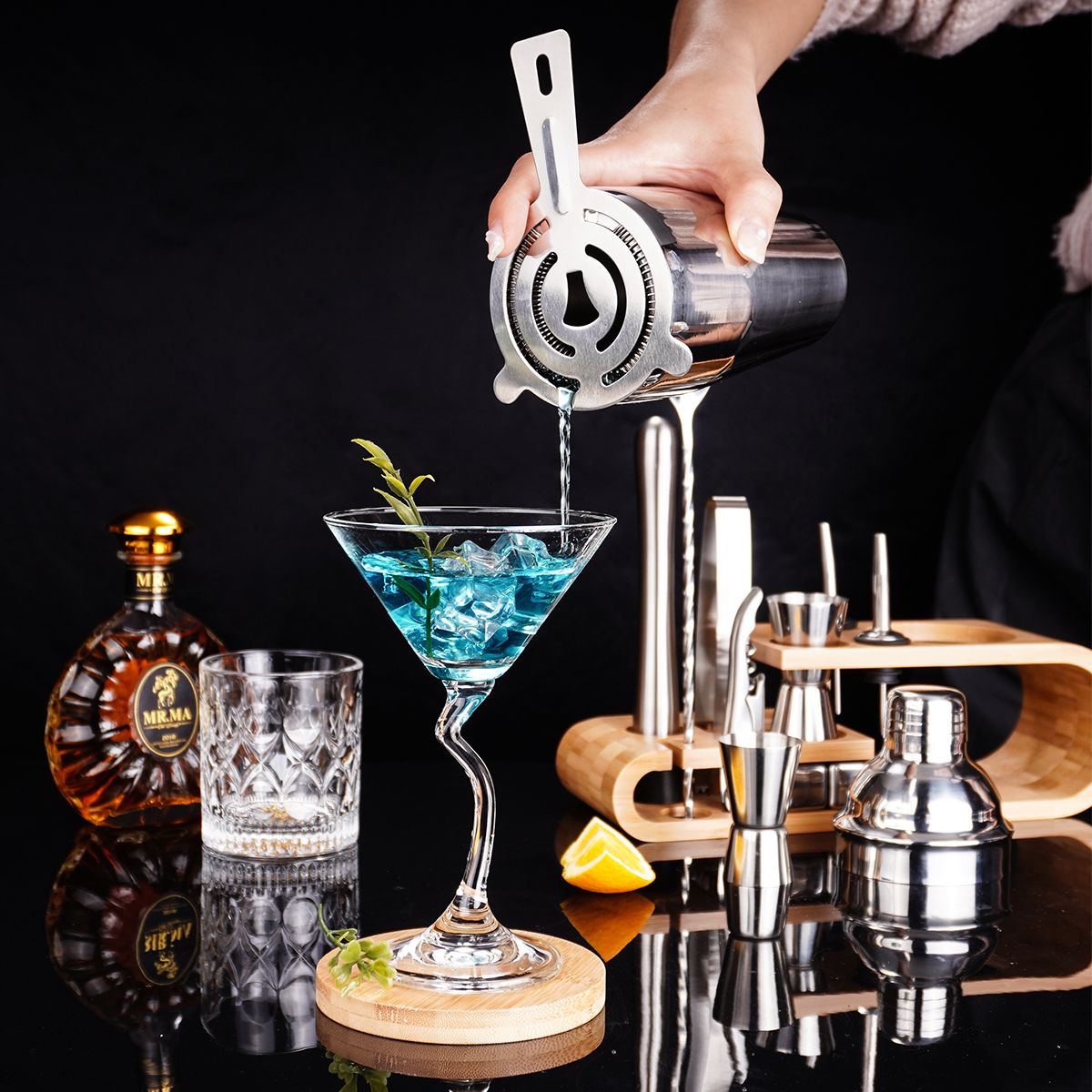 Top Seller Cocktail Shaker Set Stirrer Jigger Boston Bar Supplies Tools Stainless Steel Bartender Kit With Bamboo Stand