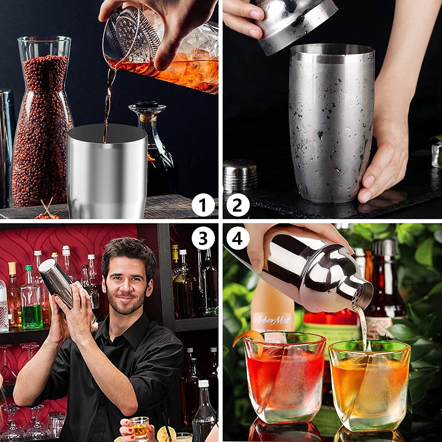 Wholesale Professional Bar Bottle Bartender Kit Double Wall 350ml/550ml/750ml Stainless Steel Cocktail Shaker