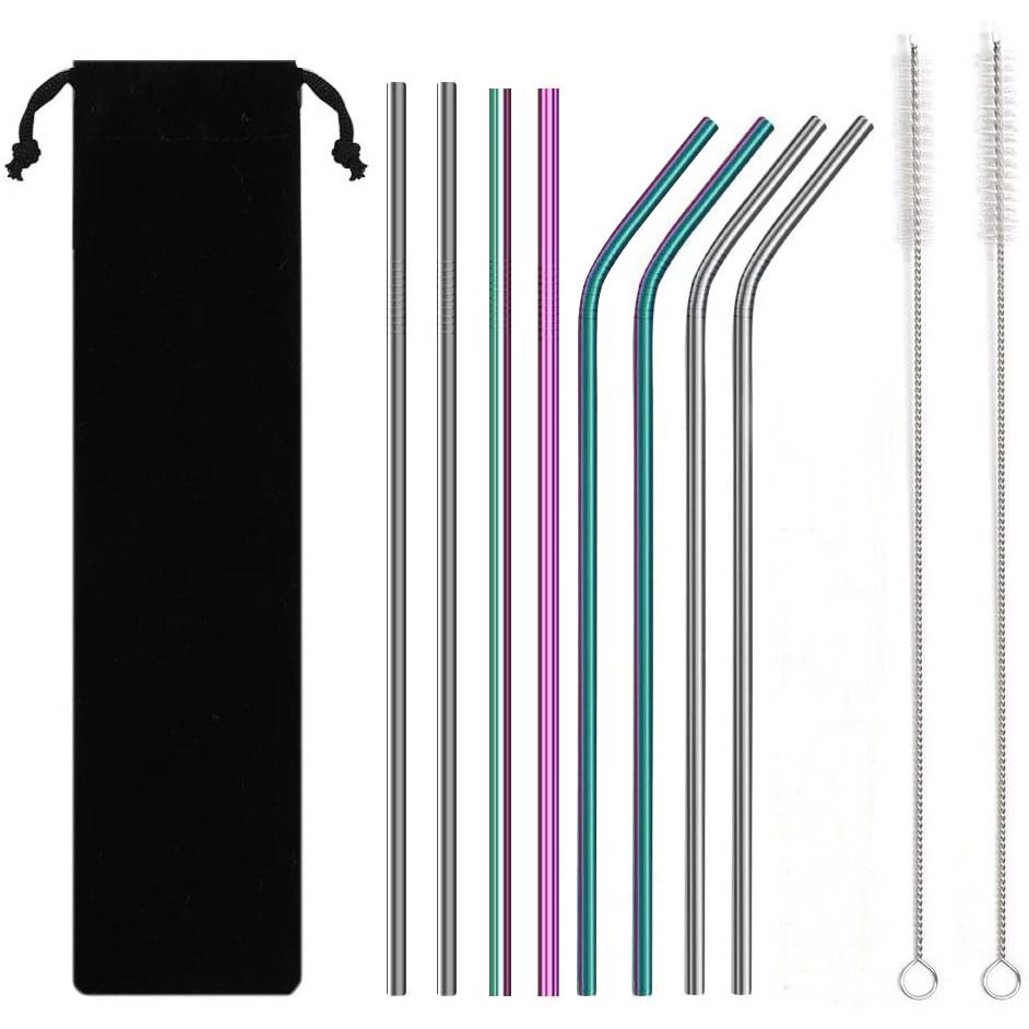 Wholesale Custom Bulk Eco Friendly Reusable Portable Cleaning Brush Stainless Steel 304 Drinking Metal Straw Set With Bag