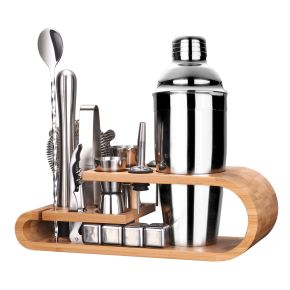 Bar Tools Accessories Dinner Party Mixology Wine Stainless Steel Bartender Kit Cocktail Shakers Set With Wooden Stand Holder