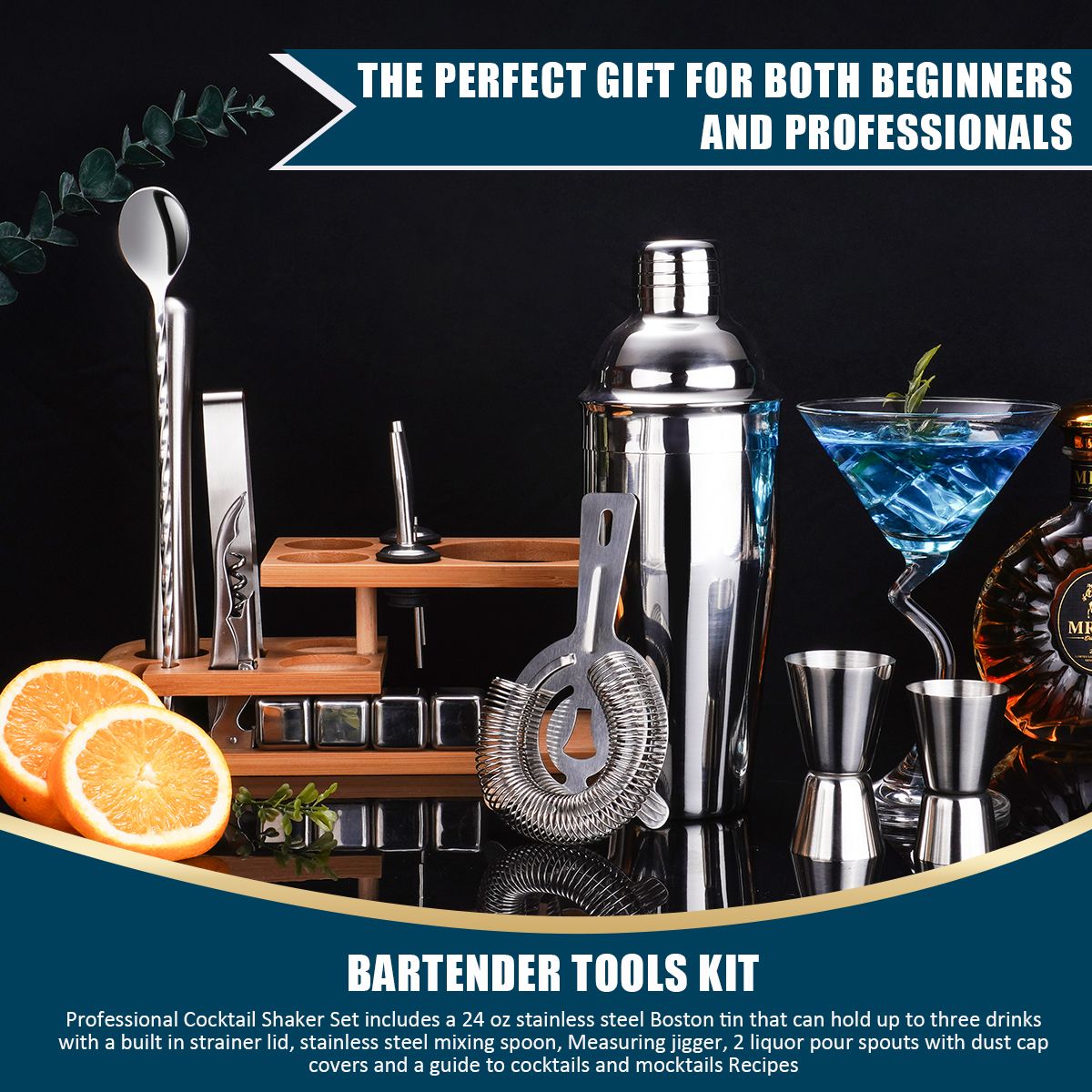 Bar Tools Accessories Dinner Party Mixology Wine Stainless Steel Bartender Kit Cocktail Shakers Set With Wooden Stand Holder