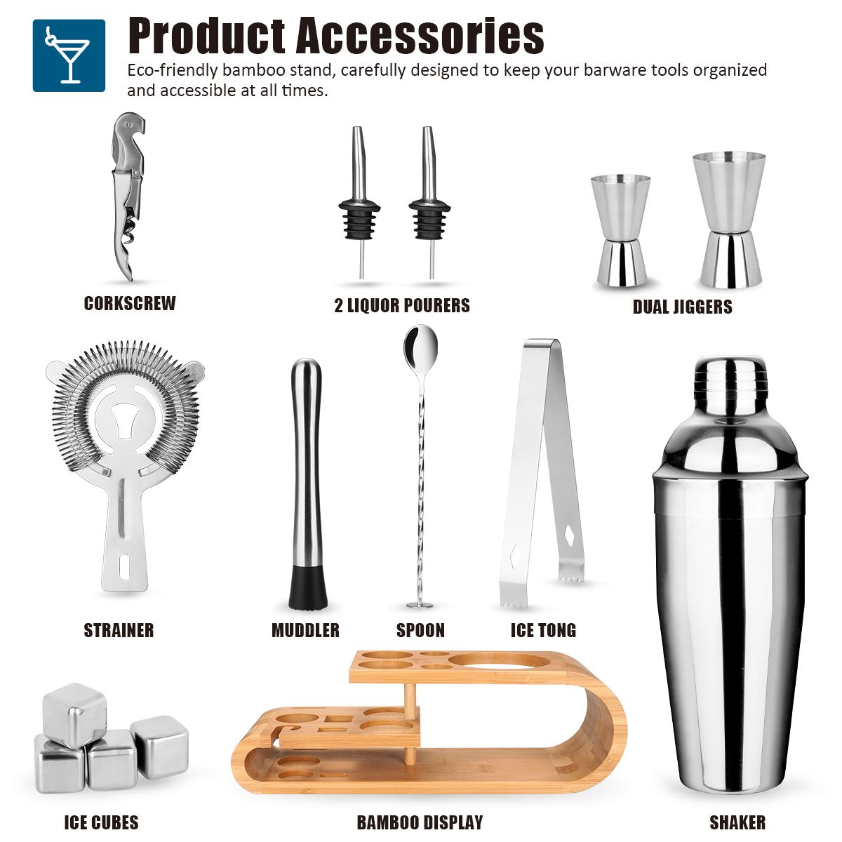 Bar Tools Accessories Dinner Party Mixology Wine Stainless Steel Bartender Kit Cocktail Shakers Set With Wooden Stand Holder