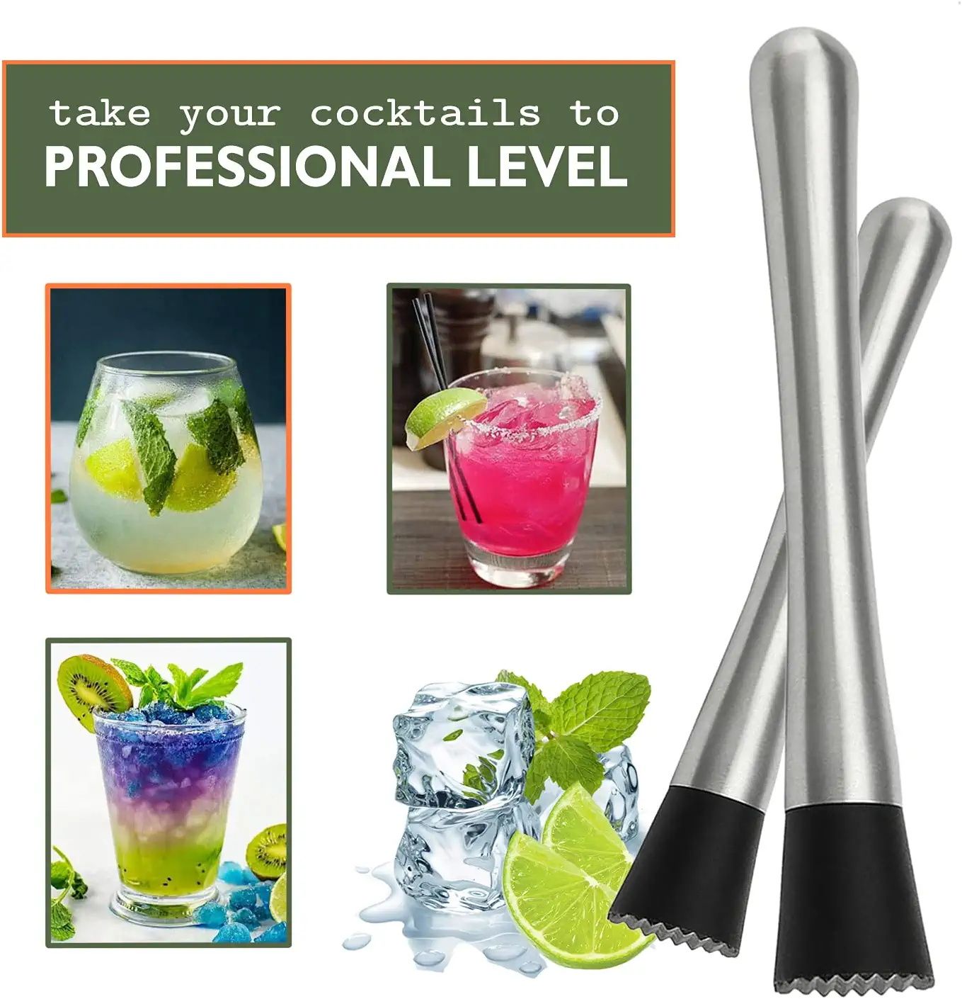 Mojito Bar Tool Silicone Sticks Drink Stainless Steel Ice Bar Cocktail Muddler