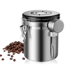 Cafe Air Tight Storage Container With Spoon On Lid Stainless Steel Tea Coffee Beans Sugar Containers