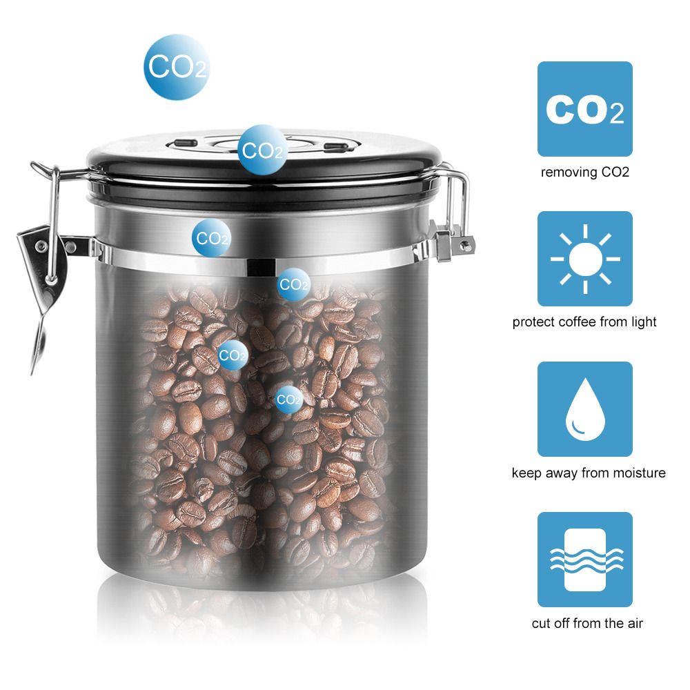 Cafe Air Tight Storage Container With Spoon On Lid Stainless Steel Tea Coffee Beans Sugar Containers