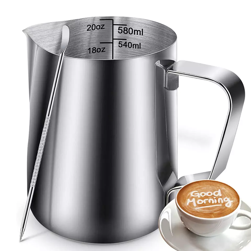 High Quality Arab Barista Coffee Frother With Latte Pen Silver Black 350ml 600ml Stainless Steel 304 Milk Jug