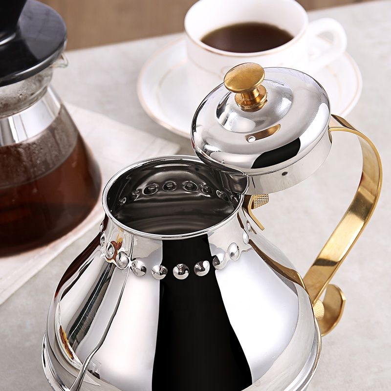 Arabic Gooseneck Coffee Drip Pot Gold Plated Handle Stainless Steel coffee Kettle