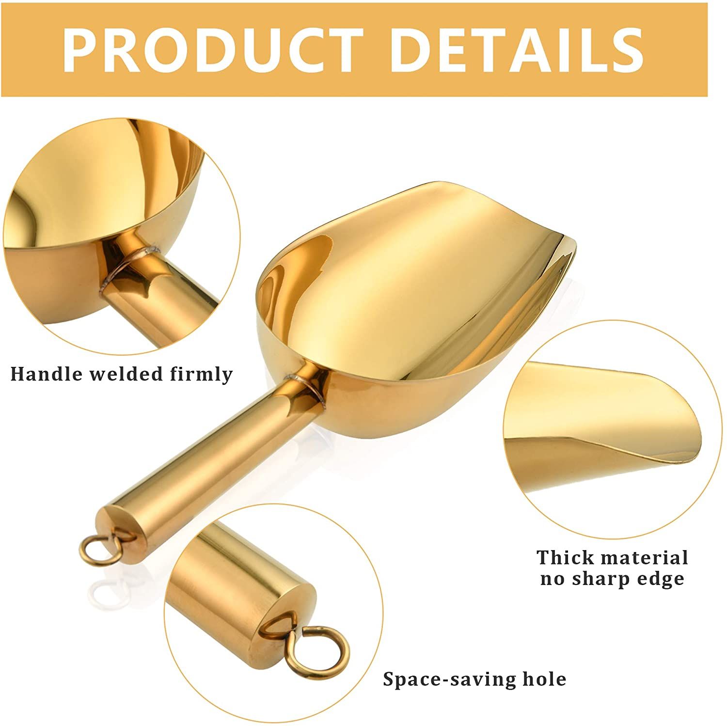 High Quality Bulk Metal Gold Scoop Shovel Spoon Rose Gold Mirror Polished Heavy Duty Stainless Steel Ice Cube Scoop