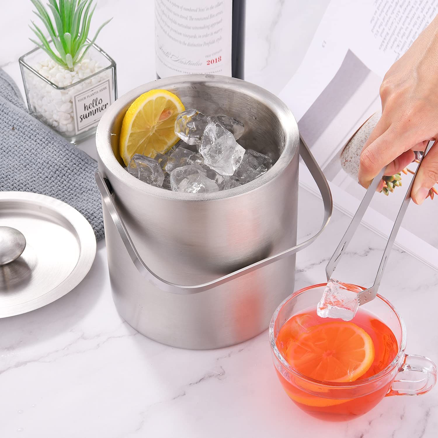 Portable Party Ice Tong Wine Cooler Double Walled Beverage Tub Stainless Steel Beer Ice Champagne Bucket with Lid