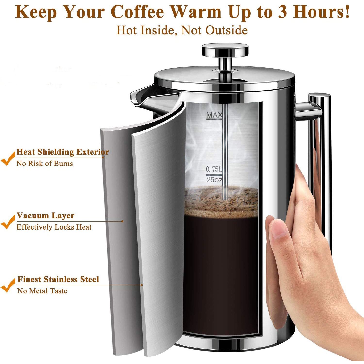 Stainless Steel 304 Double Wall Custom Modern Insulated Metal French Press Coffee Maker Pot