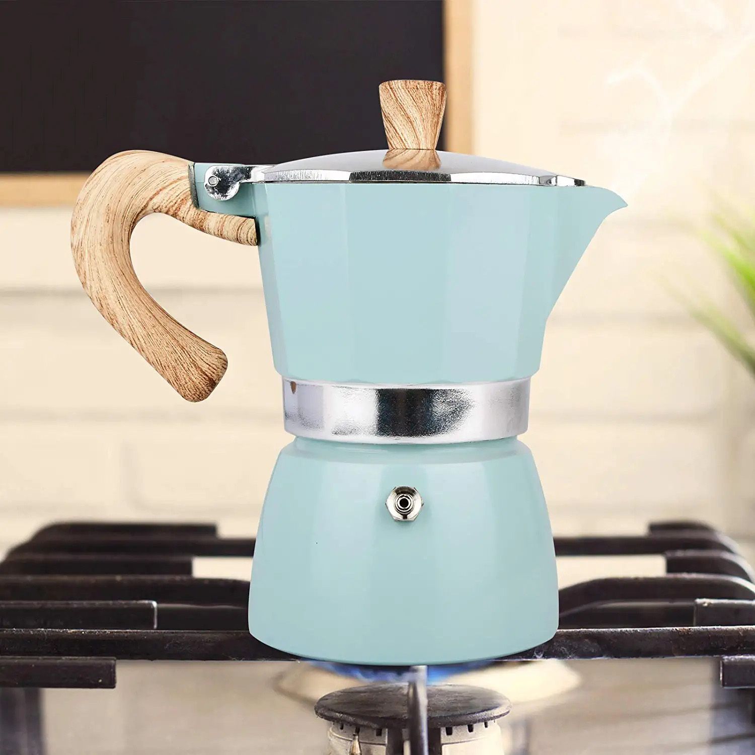 High Quality Classic Black Aluminum Coffee Maker With Wood Grain Handle Stovetop Italian Espresso Maker Outdoor Moka Pot