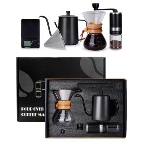 Amazon Hot Sale V60 Pour Over Drip Kettle With Manual Grinder Premium Gift Box Outdoor Travel Portable Coffee Maker Set