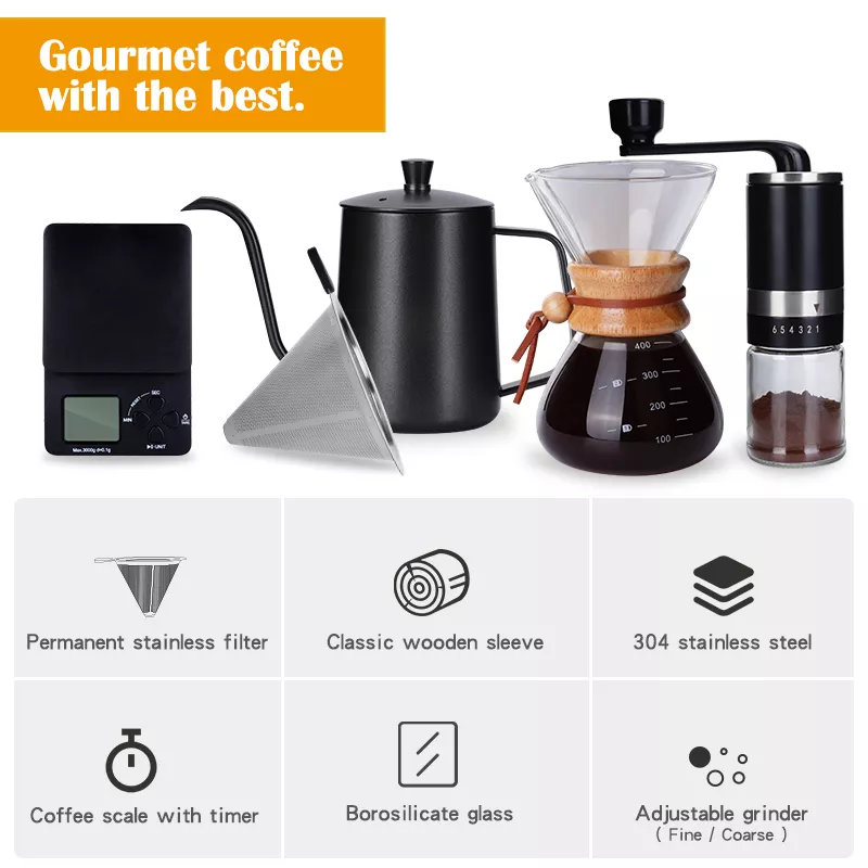 Amazon Hot Sale V60 Pour Over Drip Kettle With Manual Grinder Premium Gift Box Outdoor Travel Portable Coffee Maker Set