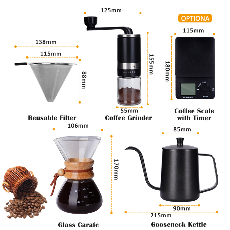 Amazon Hot Sale V60 Pour Over Drip Kettle With Manual Grinder Premium Gift Box Outdoor Travel Portable Coffee Maker Set