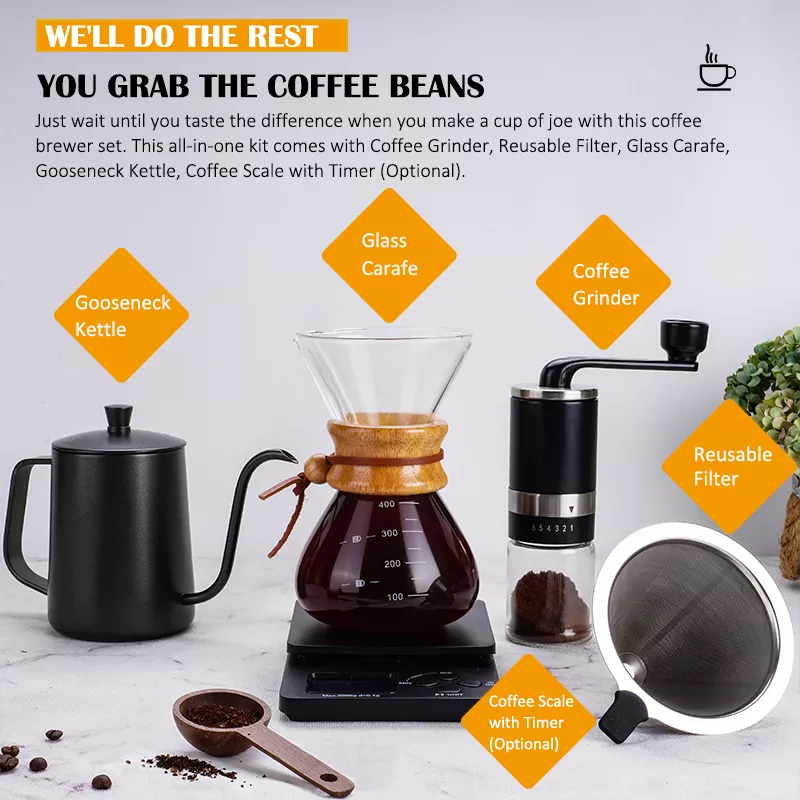 Amazon Hot Sale V60 Pour Over Drip Kettle With Manual Grinder Premium Gift Box Outdoor Travel Portable Coffee Maker Set