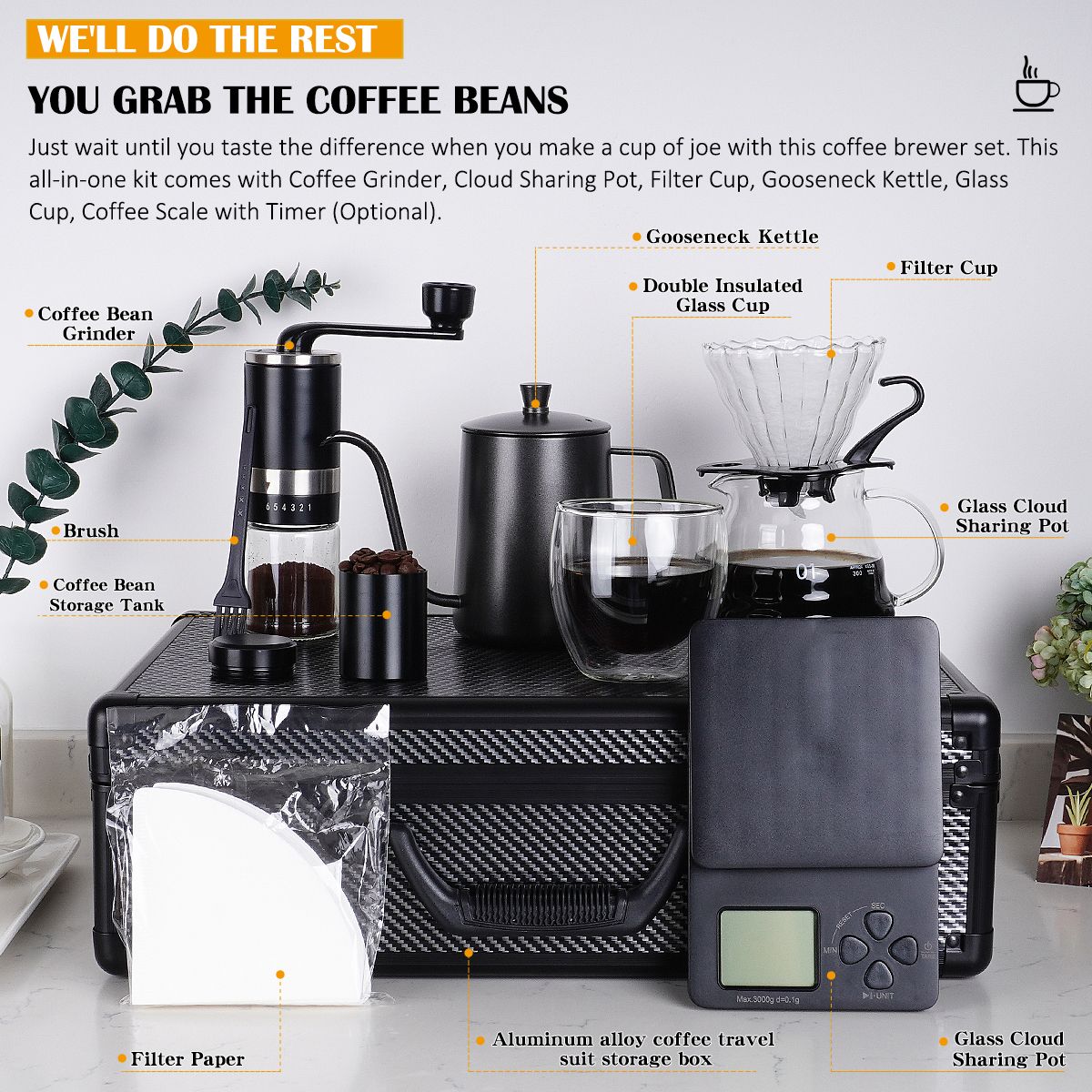 Wholesale V60 Coffee Kettle Grinder Gift Set Stainless Steel Pour Over Coffee Tools Travel Camping Portable Coffee Maker Set