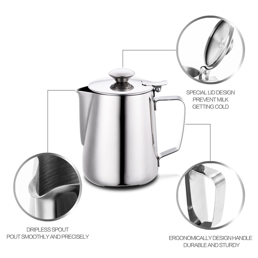 Arab Barista Coffee Frothing Pitcher With Lid Silver Stainless Steel Latte Frothing Milk Jug