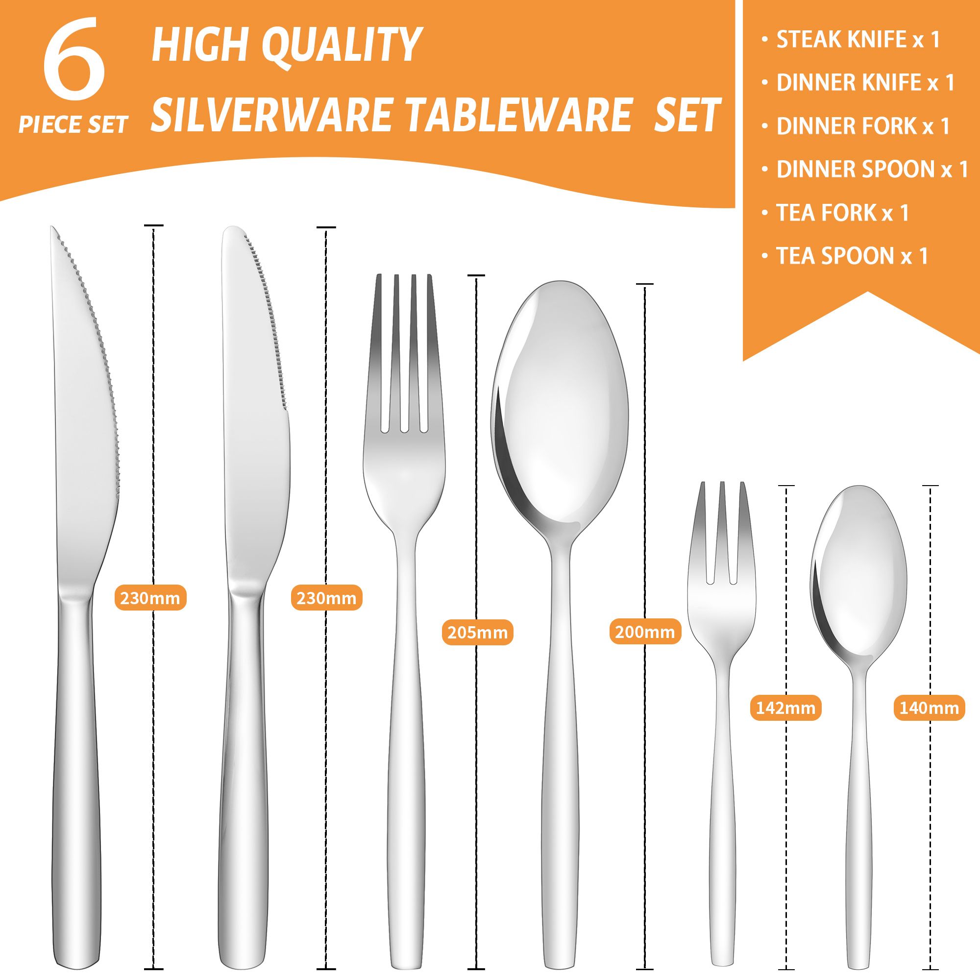 Stainless Steel Cutlery Set with Steak Knife, Elegant Cutlery Set with Knife, Fork, Spoon, Dishwasher Safe